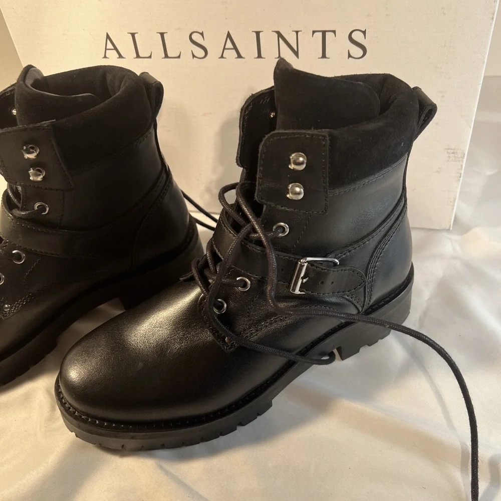 NIB‎ ALLSAINTS Paulina Black Leather Moto Biker Chunky Boots Lace Up Size 7 US